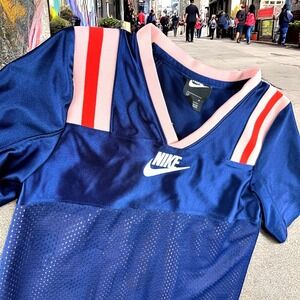 Nike Classic Football‎ Jersey Women M Mesh Overlay Pink Blue Shiny Center Swoosh